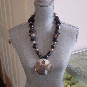 Large Shell Pendant, Black and Silver African Beads, Lava Stone Necklace - NWT